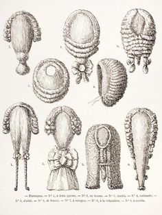 size: 12x9in Giclee Print: A Collection of Men's and Women's 18th Century Wigs, 1875 : Entertainment Rococo Hair, 2000 Hairstyles, 18th Century Hair, 18th Century Wigs, Historical Hairstyles, Rococo Fashion, Mens Wigs, 18th Century Fashion, Wood Engraving