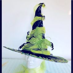 Original Design Artisan One Of A Kind 18" Tall & Wide Crinkle Black Satin Crown Wrapped In Sparkle Acid Green Tulle Crawling With Spiders With A 7 Inch Sparkling Matched Butterfly To Clip On Wherever You Like, On 5 1/4 Inch Deep Wired Brim Covered Completely Underneath With Green Blue Purple And Gold Tones Sparkles With Same Feathering Around Edge On Top Of Brim. Includes Matching Green Sparkle Clip Not Shown. Lightweight. New No Damage Non-Smoker No Pets Same Day Shipping. Bundle And Save. See Whimsical Black Adjustable Hat, Adjustable Green Costume Hats And Headpieces For Halloween, Adjustable Green Costume Hat For Halloween, Adjustable Green Halloween Costume Hat, Witchy Wednesday, Butterfly Sparkle, Green Tulle, Peacock Bird, Green Blue Purple