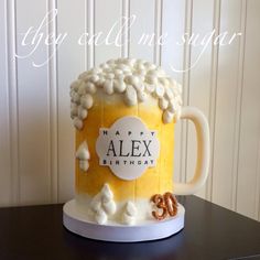 a birthday cake made to look like a beer mug