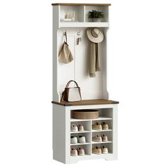 a white coat rack with shoes and purses on it, against a white background