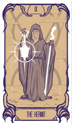 the hermit tarot card with an image of a wizard holding a staff and a globe