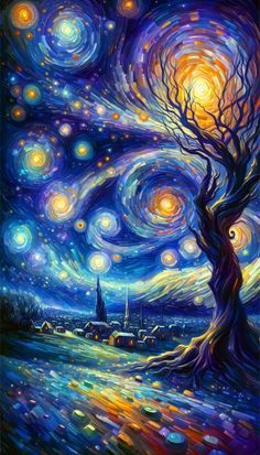 a painting of a tree with stars in the sky