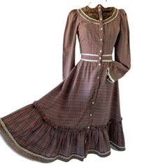 Vtg 70’s Brown Plaid Gunne Sax Prairie Cottagecore Midi Dress | eBay Vintage Ruffled Dress For Fall, Vintage Buttoned Midi Dress For Fall, Vintage Brown Midi Dress For Fall, Vintage Midi Dress With Buttons For Fall, Brown Vintage Dress For Fall, Retro Vintage Dress With Ruffles For Fall, Retro Ruffled Dresses For Fall, Vintage Midi Length Dress For Fall, Vintage Style Midi Dress For Fall