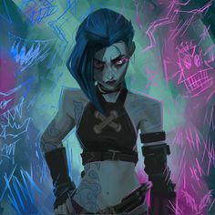 a woman with blue hair standing in front of graffiti