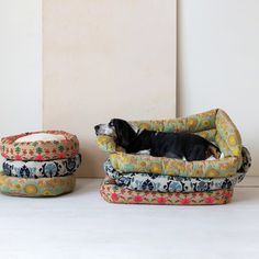 a dog laying on top of a colorful couch next to another chair and footstool