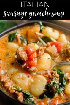 italian sausage gnocchi soup in a bowl with a spoon