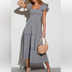 Beautiful Summer Dress New With Tags Spring Striped Midi Dress For Date Night, Chic Striped Dresses For Day Out, Striped Midi Dress For Date Night In Spring, Striped Midi Dress For Spring Date Night, Chic Striped Dresses For Brunch, Casual Square Neck Maxi Dress For Date Night, Chic Square Neck Midi Dress For Vacation, Chic Striped Midi Dress For Date Night, Casual Maxi Dress With Square Neck For Date Night