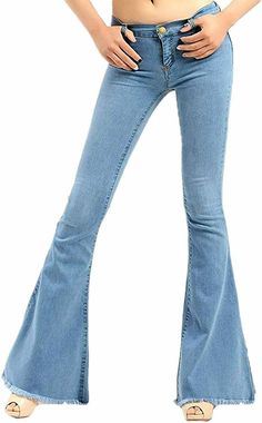 Fabric: 98%cotton+2%spandex Flattering bell-bottom jeans featuring zipper with button and mid rise Elastic butt lift, Wide leg It is comfortable and versatile to wear and suits for most occasions Color: Light Blue Size: XS Item measurements Waist: 26" Inseam: 29" Length: 39" Leg Opening: 23" Bootcut Jeans Outfit Aesthetic, Jeans Outfit Aesthetic, Long Denim Pants, Bootcut Jeans Outfit, Womens Flare Jeans, 70s Vintage Fashion, Spring Denim, Flare Denim Jeans, Long Jeans