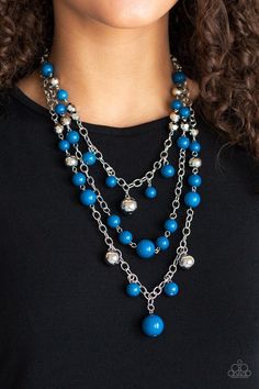 Paparazzi Accessories- The Partygoer - Blue  Necklace Item #P2ST-BLXX-083XX   An assortment of shiny silver, faceted silver, and refreshing blue beads sporadically dot and swing from three shimmery silver chains that layer down the chest for a colorful statement-making finish. Features an adjustable clasp closure. Multi Chain Necklace, Bling Necklace, Silver Chains, Paparazzi Accessories, Blue Necklace, Paparazzi Jewelry, Shiny Silver, Blue Beads, Necklace Earring Set