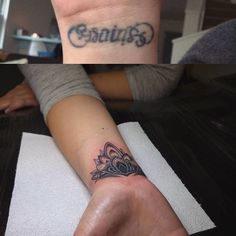 two pictures of people with tattoos on their arm and wrist, one showing the word genius