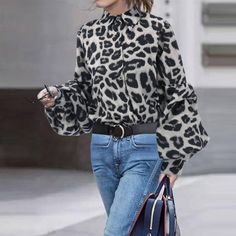 Autumn winter new leopard print shirt female fashion casual lapel bubble sleeve top Bubble Sleeve Top, Perfect Blouse, Leopard Print Shirt, Cardigan Casual, Sport Style, Leopard Print Top, Casual Tops For Women, Polka Dot Blouse, Long Puff Sleeves