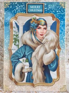 a christmas card with a woman wearing a fur coat and holding a cup in her hand