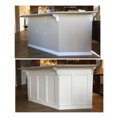 two pictures of the same kitchen island in different stages of being built and painted white