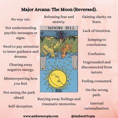 The Moon, in reversed position from the Major Arcana suit in the tarot deck and its meanings, including the astrology and numerology meanings.

#TheMoon #MajorAcarna #TarotCardMeanings #Tarot The Moon Reversed, The Moon Tarot Meaning, Major Arcana Meanings, Tarot Cards Major Arcana, Rider Waite Tarot Cards, Major Arcana Tarot, Tarot Card Readings, Free Tarot Cards