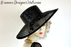 Black Wide Brim Designer Wedding Church Kentucky Derby Hat For Women. This Dress Hat Is Adorned With Black Sequin Glass Beaded Floral Appliques With Rhinestones. This Hat Can Match Any Women's Wardrobe Or Outfit. This Fashion Hat Is Custom Made And Designed By Women's Designer Hats, hatswomen.com - nyfashionhats.com This black dress hat is suited for Winter, Spring, Summer And Fall. Head Size: 22.5 Inches Sheer Brim Measures 5″ Style: Wide Brim Hat Condition: New Custom Made We Specialize In Des Kentucky Derby Fashion, Kentucky Oaks, Special Occasion Hats, Mother Of The Bride Hats, Formal Hat, Derby Fashion, Horse Races, Royal Ascot Hats, Belmont Stakes