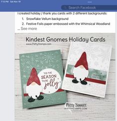 two cards with gnomes on them and the words kindest gnomes holiday cards