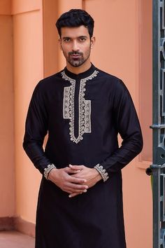 Black kurta with dori and marodi embroidery. Paired with a pant. - Aza Fashions Traditional Black Bandhgala With Chikankari Embroidery, Black Chanderi Sherwani For Navratri, Traditional Black Churidar With Cutdana, Ceremonial Kurta With Dabka Work For Eid, Ceremonial Eid Kurta With Dabka Work, Ceremonial Dabka Work Kurta For Eid, Ceremonial Kurta With Resham Embroidery For Eid, Black Straight Kurta For Traditional Ceremonies, Ceremonial Resham Embroidery Kurta For Eid