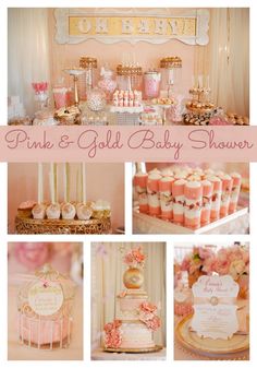 pink and gold baby shower with lots of desserts