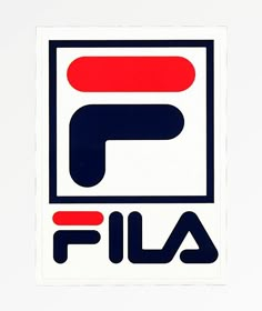 a white sticker with the word fila in red, blue and black on it