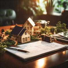 a house model on top of a piece of paper next to a pen and calculator