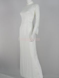 Áo dài trắng lụa gấm Thái Tuấn White Fitted Ao Dai For Wedding, Elegant White Ao Dai For Formal Occasions, Elegant Long White Ao Dai, Ao Dai, Neck Dress, High Neck, High Neck Dress, White Dress, Size 10