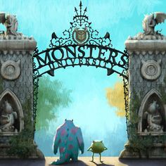 the monsters are standing in front of an iron gate that says monsters on it,