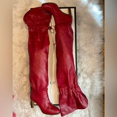 *Red Gucci Thigh High Boots With Drawstring *Size 7 *These Boots Fit People With Small Legs Well (Aren’t Too Big And Roomy At The Thighs) Fit People, Boots Fit, Thigh High Heels, Gucci Shoes, Thigh High Boots, Red Fashion, Boot Shop, Thigh High, Over The Knee Boots