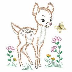 a little deer is standing in the grass with flowers and butterflies around it's neck