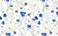 blue and white flowers with green stems on a white background seamless wallpaper pattern