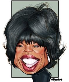 a caricature of a woman's face with black hair and white teeth