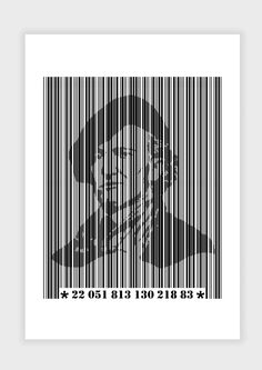 a bar code with the image of a man in a hat and glasses on it