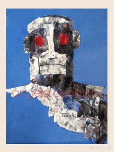 an altered collage of a robot with red eyes