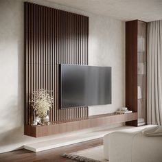 a flat screen tv mounted to the side of a wooden wall in a living room