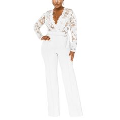 Flowers but make it bossy - Analia is a floral jumpsuit for a boss woman in you. This elegant jumpsuit features a plunging neckline on a sheer floral bodice with long fitted sleeves. The jumpsuit has a high waist with a figure accentuating fit leading to straight boot cut bottoms. Also available in black Styling options: Throw on your most trusty pointed-toe heels to give your silhouette an elongated effect. Color: White Sleeve Length: Long Sleeves Silhouette: Slim Length: Full Length Neckline: Flower Patchwork, High Waist Jumpsuit, One Piece Romper, Top Wedding Dresses, Jumpsuit Elegant, Lace Jumpsuit, Summer Pattern, White Jumpsuit, Lace Flower