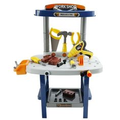 a toy work bench with tools on it