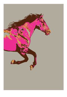 a pink horse is galloping in the wind on a gray and grey background with orange accents