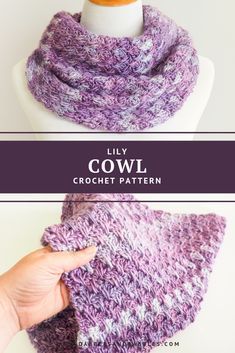 a purple cowl on top of a white mannequin with the words lily cowl crochet pattern