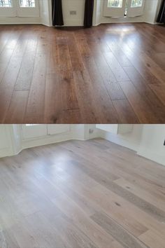 the before and after pictures of an empty room with wood flooring on both sides