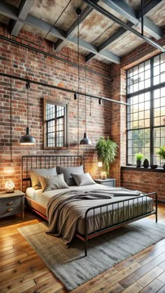 an industrial bedroom with brick walls and wooden flooring is furnished with natural light from the windows