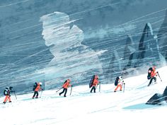 a group of people riding skis down a snow covered slope