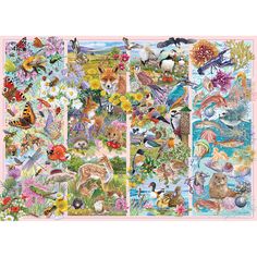 four panel puzzle featuring animals and birds