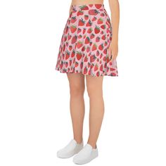 Be comfortable and cute all summer long in this adorable cottagecore skater skirt featuring sweet strawberries. * Q U I C K * F A C T S * ♥ Material: 82% polyester, 18% spandex ♥ Mid-thigh length flared skirt with elastic waistband ♥ Runs true to size * S H I P P I N G * T I M E S * ♥ Our items are individually made with love for each of our buyers. ♥ We're work as quickly as possible, but we realize speed is important to our customers! Our processing time is UP TO 7 business days but typically Kawaii Pink Skirt For Summer, Kawaii Summer Skirt Bottoms, Kawaii Fitted Mini Skirt For Summer, Fitted Kawaii Mini Skirt For Summer, Casual A-line Tennis Skirt For Summer, Kawaii Mini Length Bottoms For Summer, Summer Kawaii Fitted Skirt, Summer Kawaii Mini-length Bottoms, Kawaii Mini Length Summer Bottoms