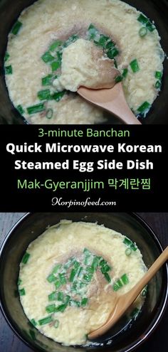 three pictures of different types of food in black bowls with wooden spoons on the side