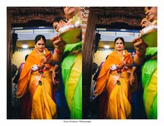 two women dressed in yellow and green sari