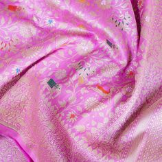 Handloom Katan Silk Orchid Pink Banarasi Shikargah Saree - Khinkhwab Ceremonial Pink Saree With Zari Weaving, Ceremonial Pink Saree With Dupatta, Ceremonial Paithani Silk Dupatta With Traditional Patterns, Ceremonial Pink Katan Silk Saree, Paithani Silk Dupatta For Ceremonial Festivals, Ceremonial Paithani Silk Dupatta For Festivals, Ceremonial Pink Saree With Cutdana, Pink Saree With Cutdana For Ceremonial Occasions, Ceremonial Pink Handloom Traditional Wear