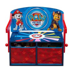 the paw patrol children's toy bench is red and blue with paw characters on it