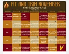 a printable workout calendar for the month of november, with an orange and brown background