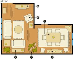 the floor plan for a living room and dining area with furniture, including couches, chairs