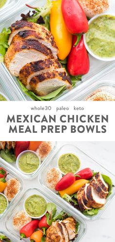 mexican chicken meal prep bowls with guacamole sauce and fresh veggies