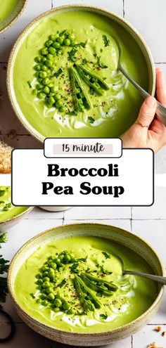 broccoli pea soup in a bowl with spoons